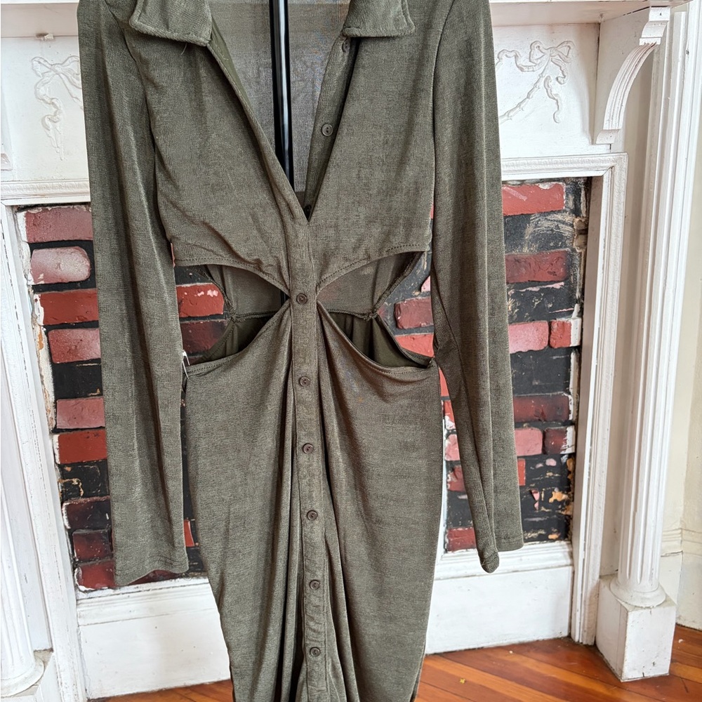 Olive Green Button-Front Cutout Women's Dress